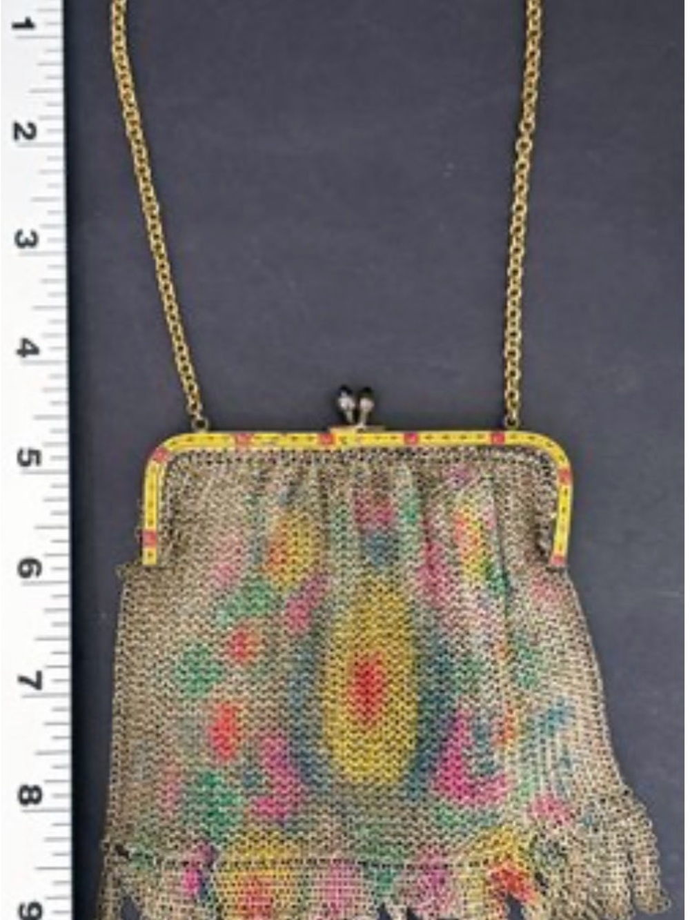 Antique 1920s Art Deco Painted Metal Mesh Flapper Purse Fringe